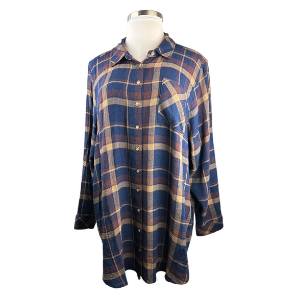 Torrid Lizzie Crinkle Flannel Gauze Button Up Tunic Navy Plaid Plus Size 3 3X - Picture 2 of 13